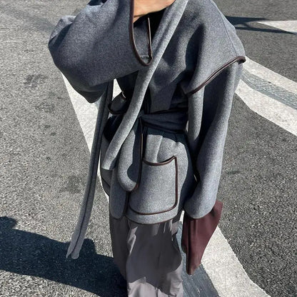 Vintage gray waistband coat woolen coat