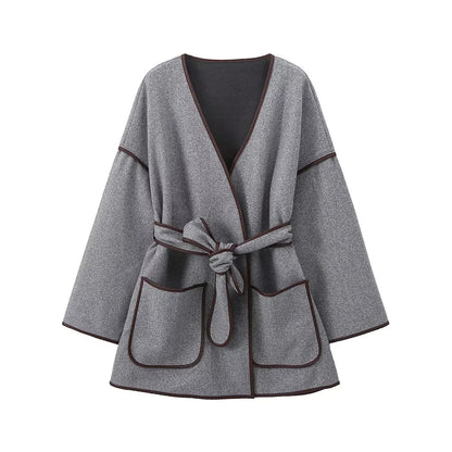 Vintage gray waistband coat woolen coat