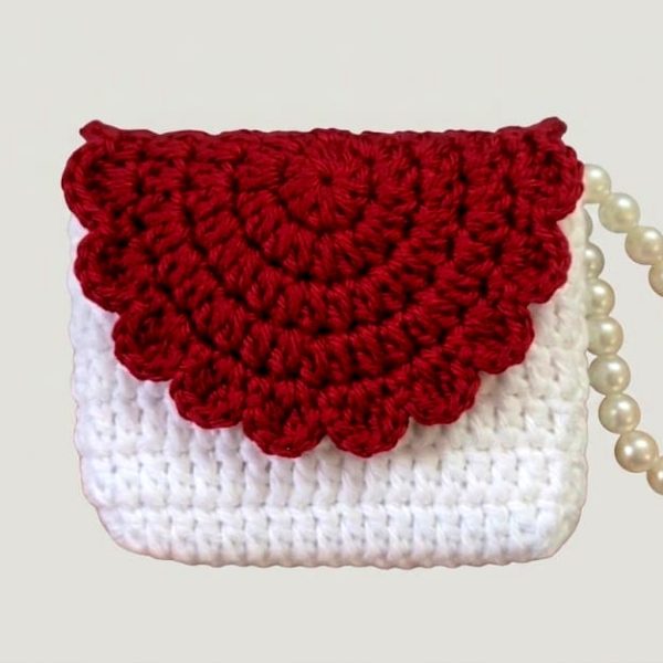 Red and white handmade crochet shoulder bag