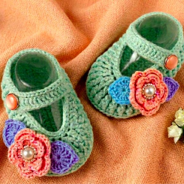 Mint Green Crochet Baby Booties with Peach Flowers