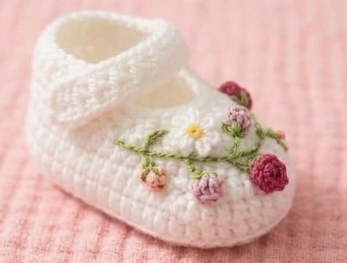 White Crochet embroidered baby shoes