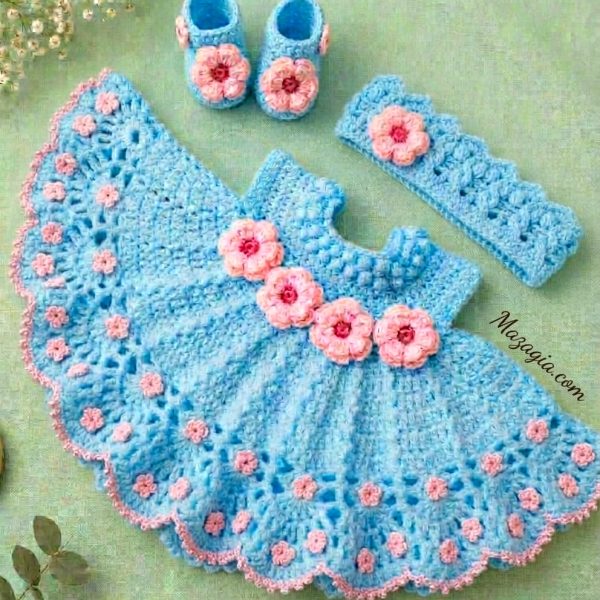 Sky blue crochet baby dress with pink flowers, booties and headband