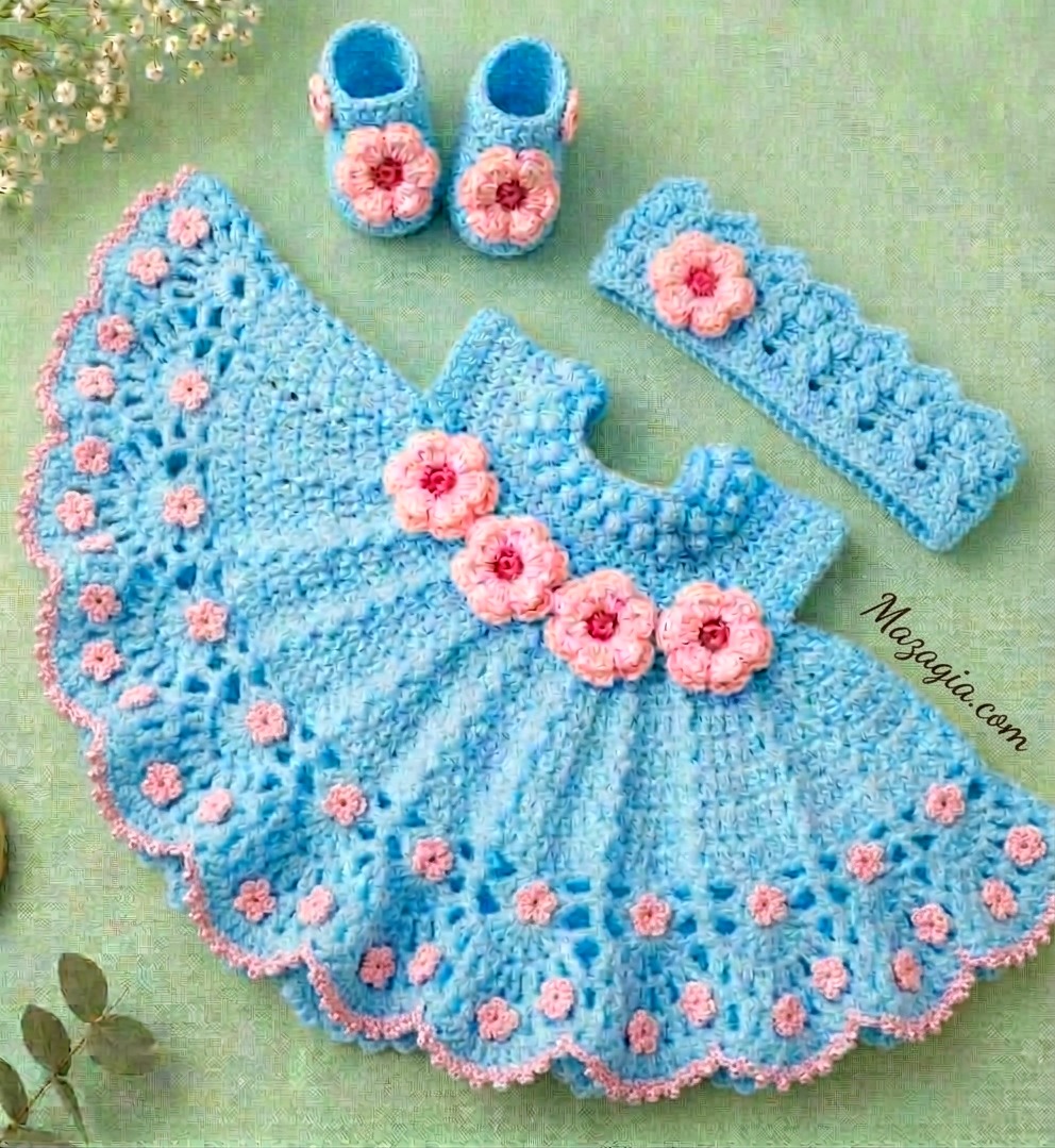 Sky blue crochet baby dress with pink flowers, booties and headband