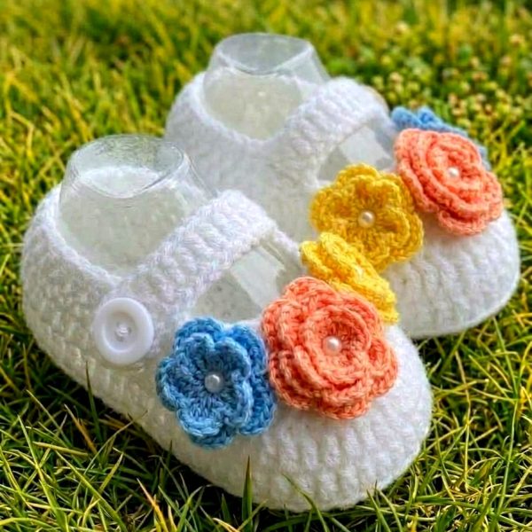 White crochet baby shoes with colourful flowers