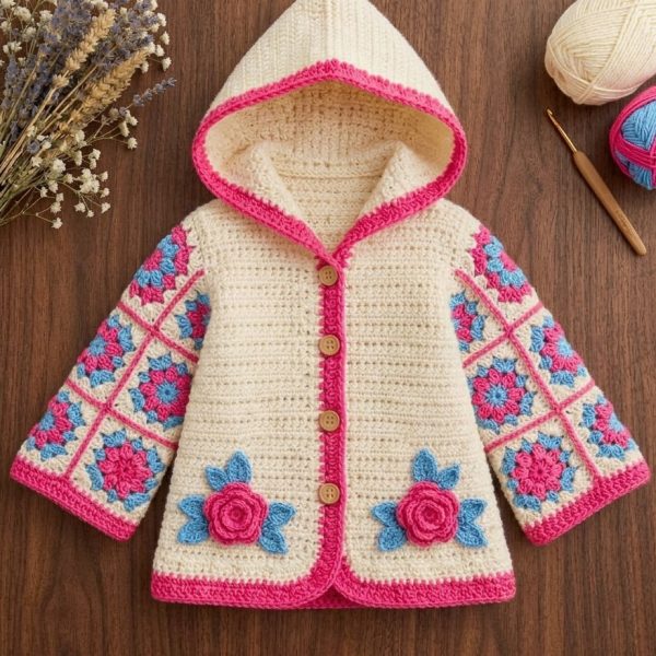 Cream crochet baby hoodie jacket with pink trim, granny square sleeves and roses