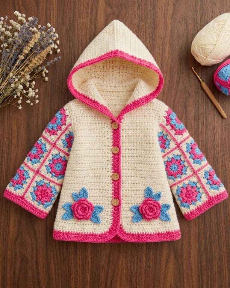 Cream crochet baby hoodie jacket with pink trim, granny square sleeves and roses