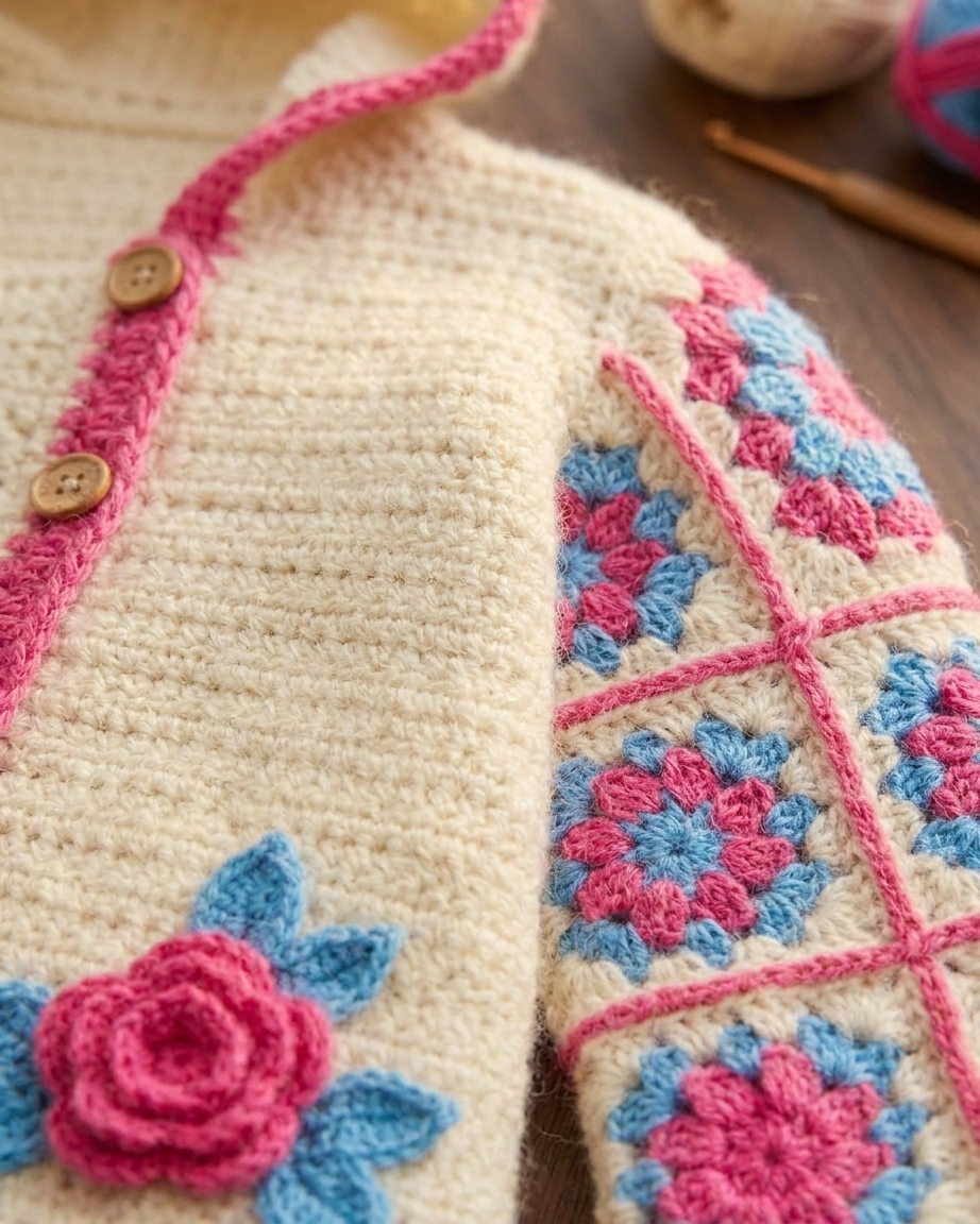 Close-up of the hoodie front band, wooden buttons and granny square sleeve