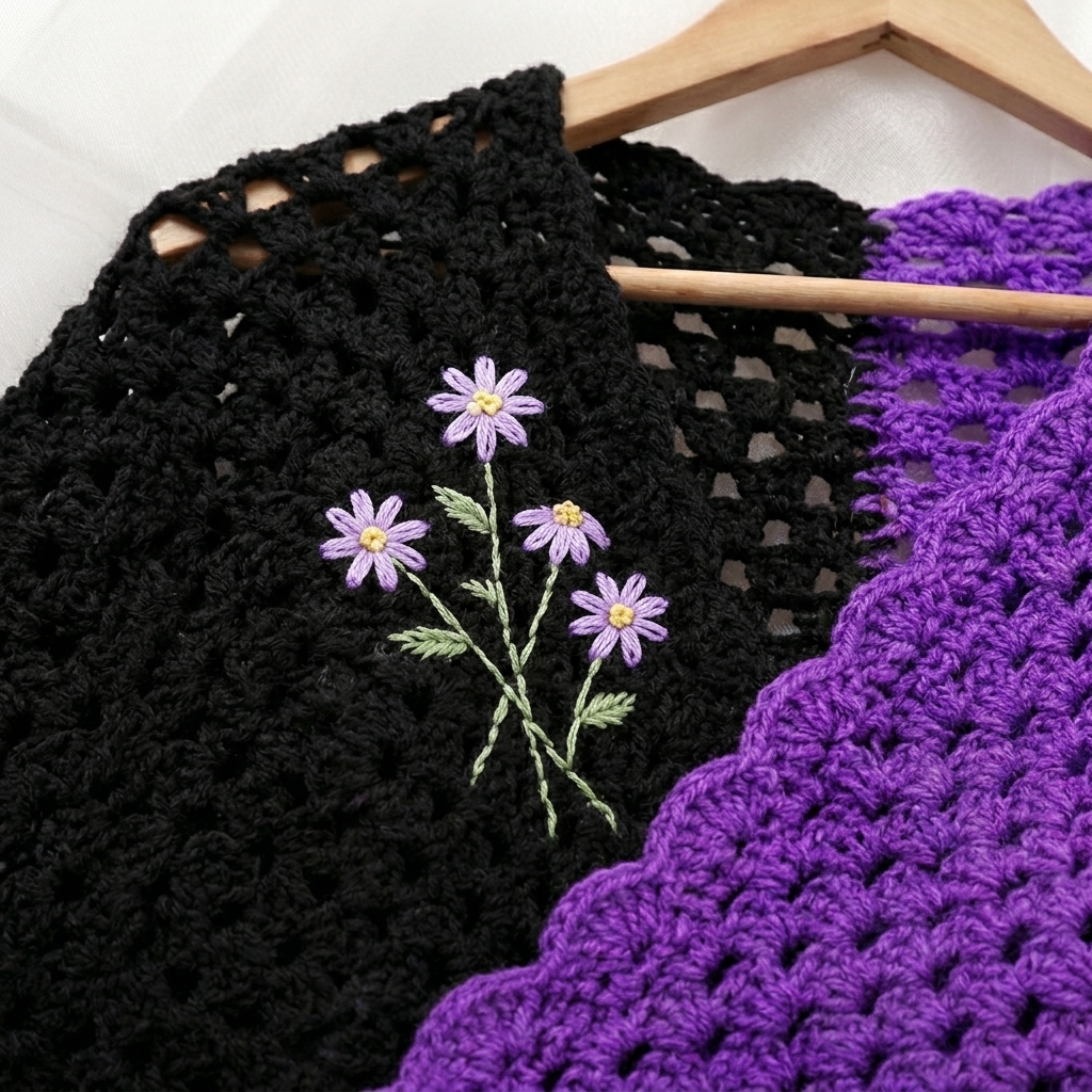 Close-up of the embroidered lavender flowers on the black crochet shrug