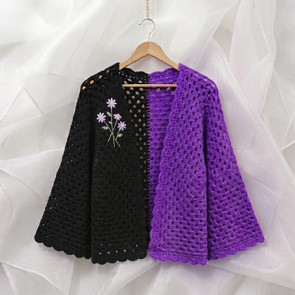 Black and purple crochet open shrug with embroidered lavender flowers on a hanger