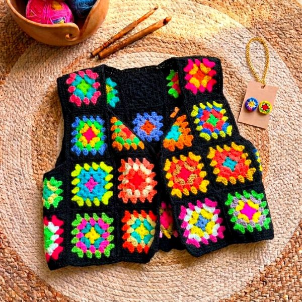 Black Granny Square Crochet Vest
