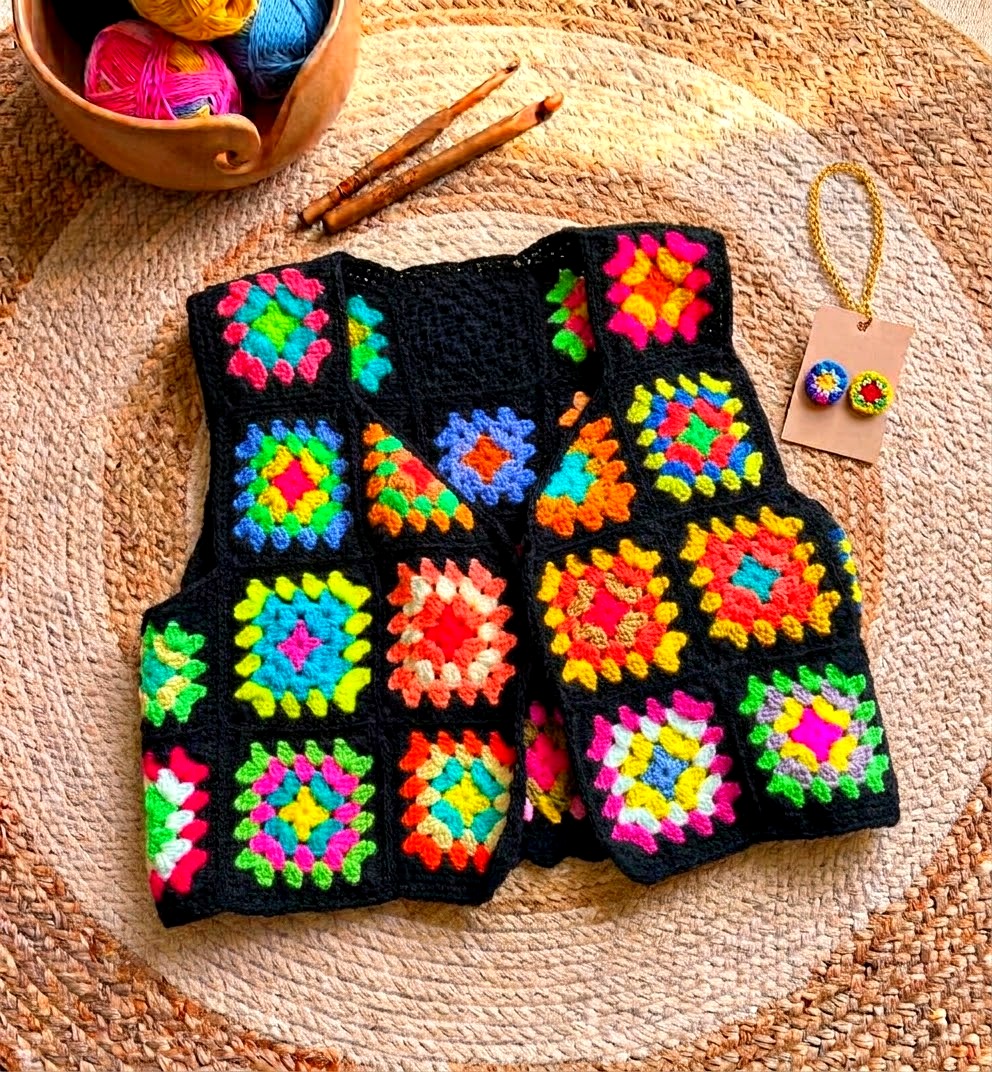 Black Granny Square Crochet Vest