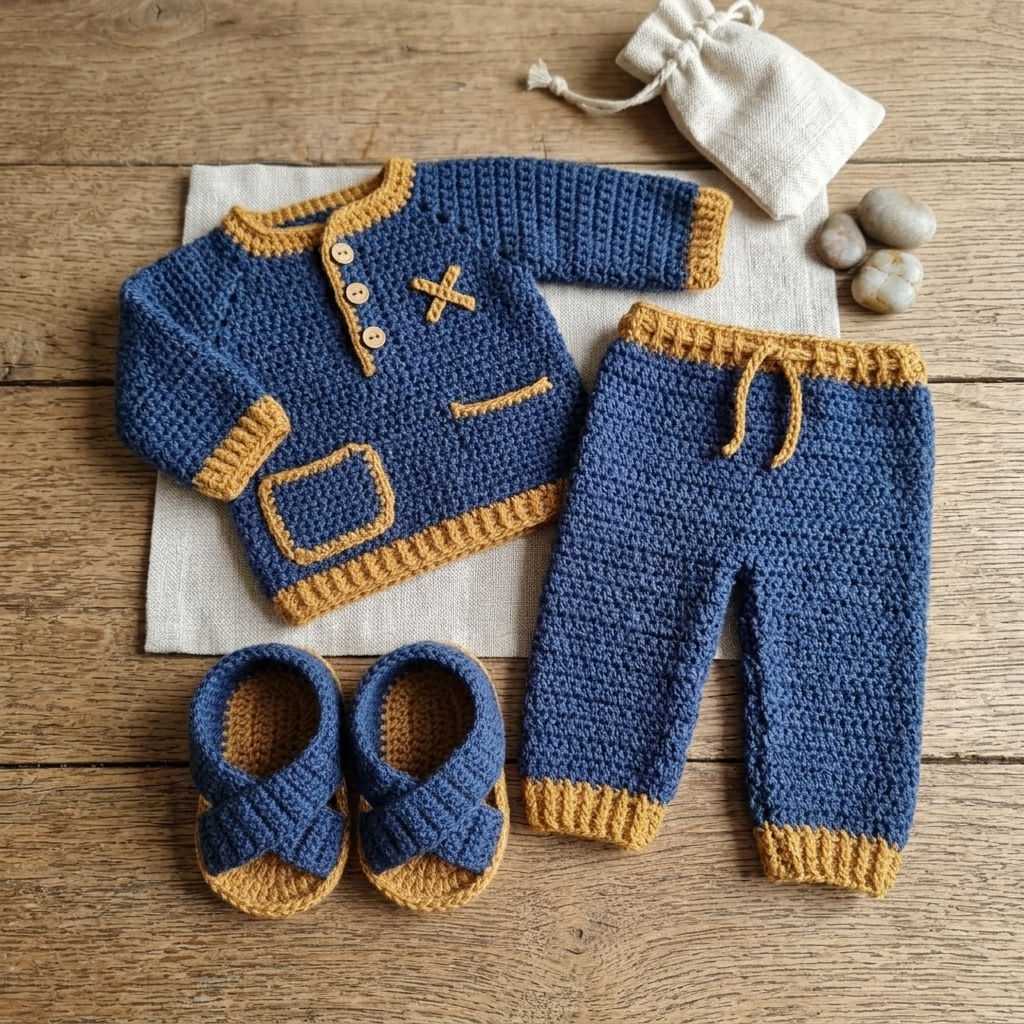 Blue and mustard crochet baby boy set: henley sweater, trousers and sandals