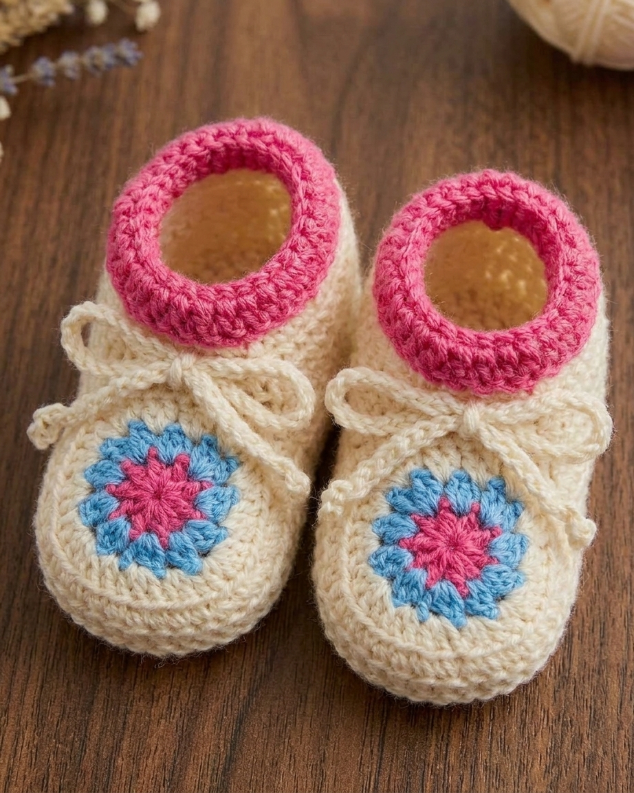 Close-up of the cream crochet baby booties with pink cuffs and granny motifs