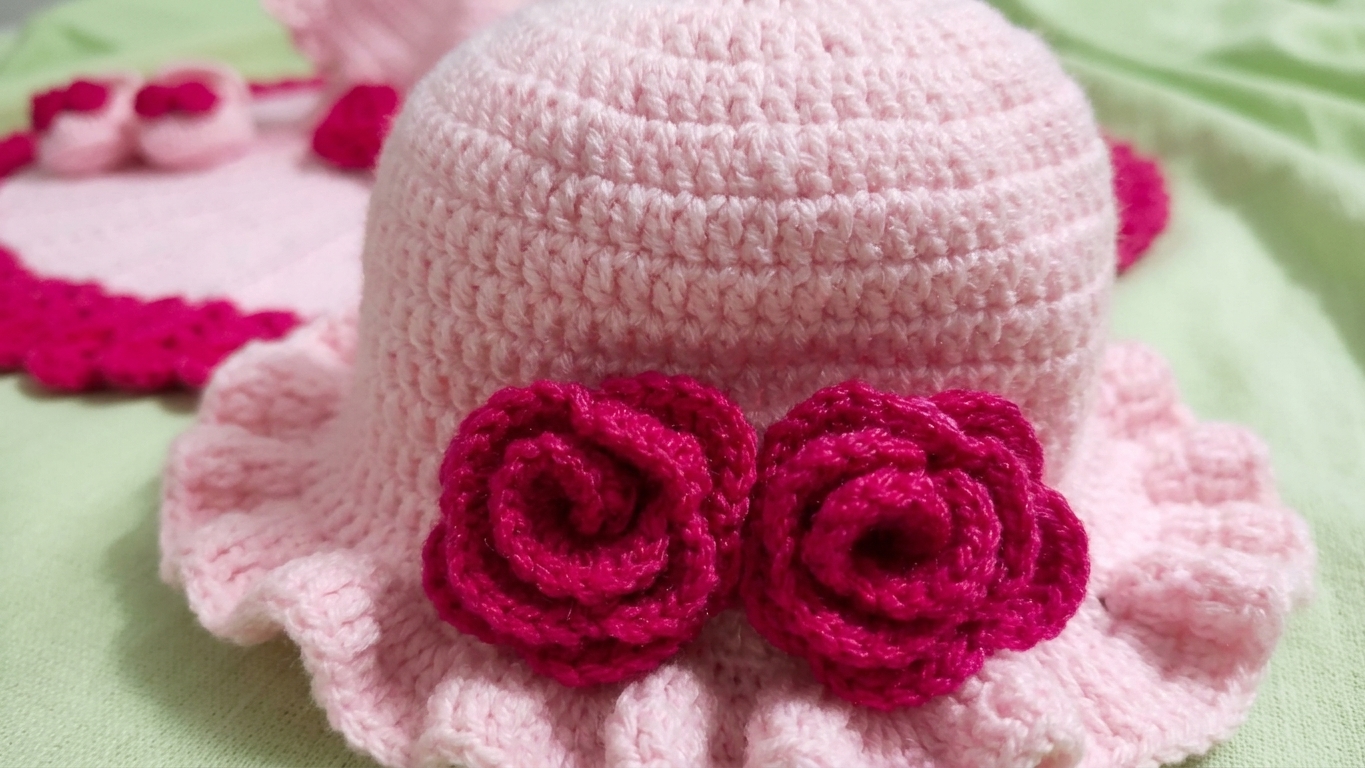 Pink & Red Crochet Twirl Dress with Bonnet & Booties - Image 4