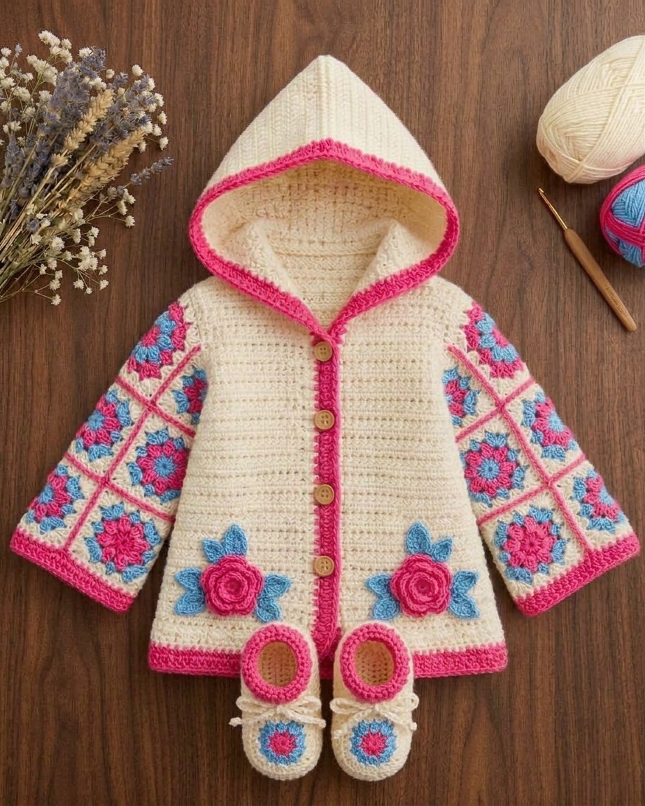 Cream crochet baby hoodie jacket with matching booties