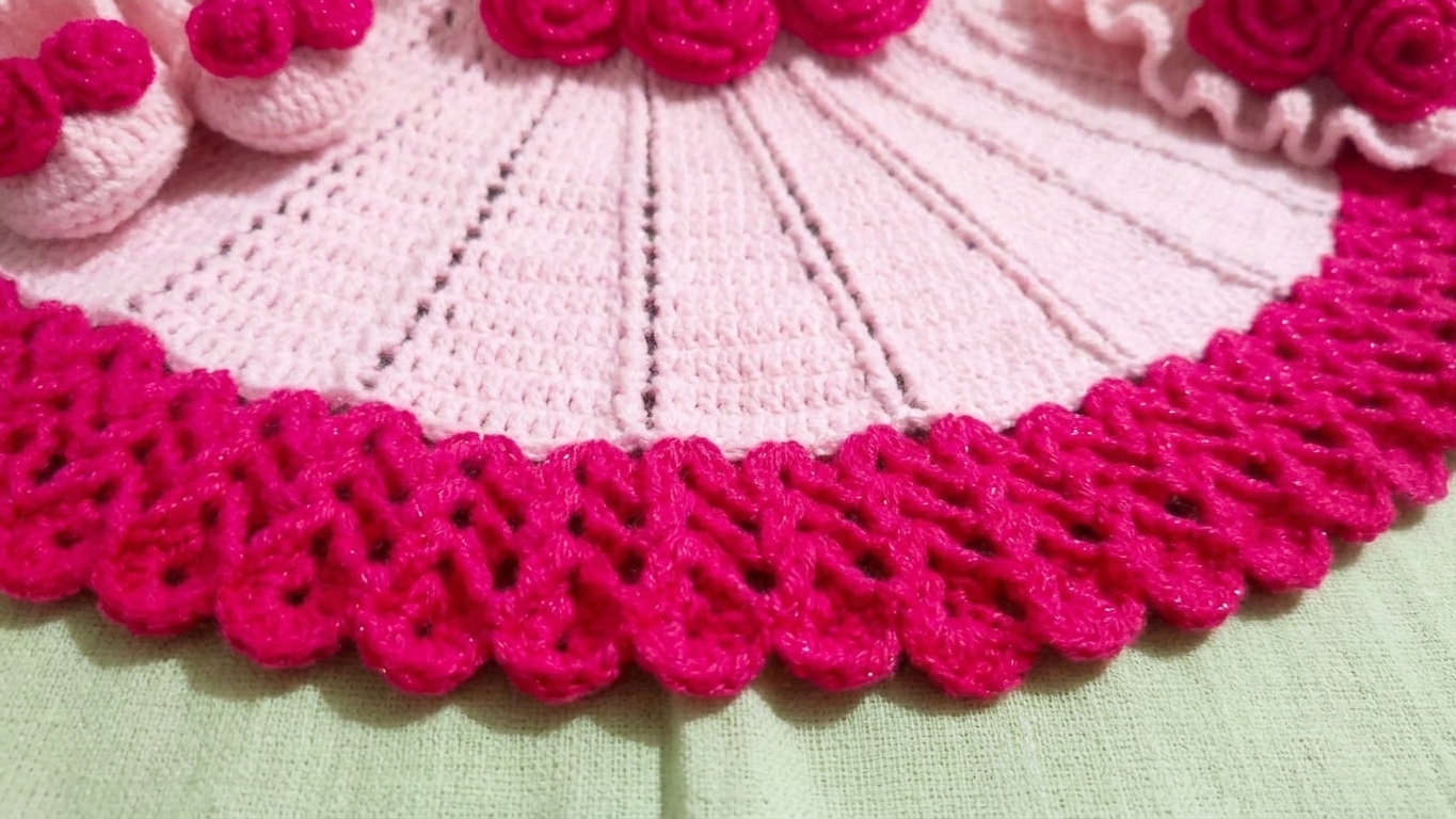 Pink & Red Crochet Twirl Dress with Bonnet & Booties - Image 3