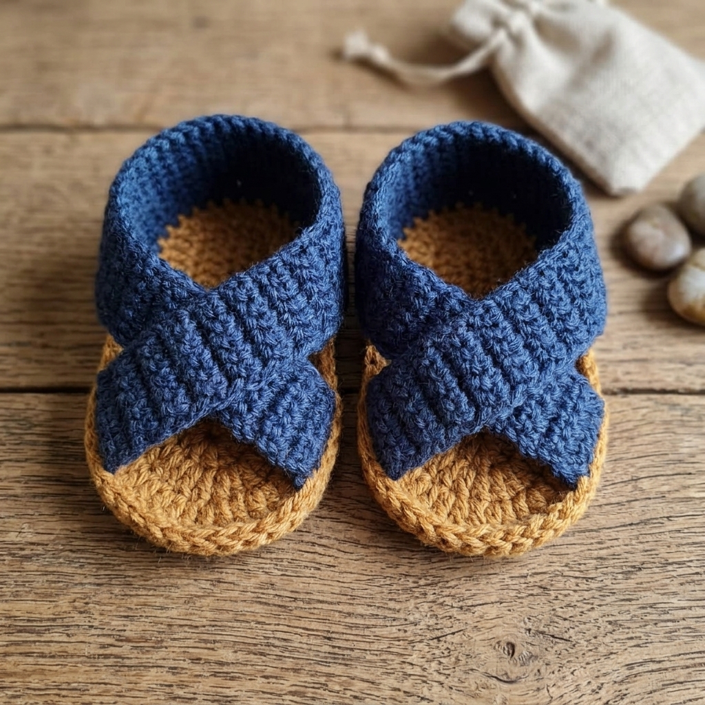 Blue and mustard crochet baby criss-cross sandals