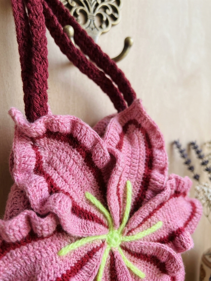 Close-up of the ruffled crochet petals and lime green stamens