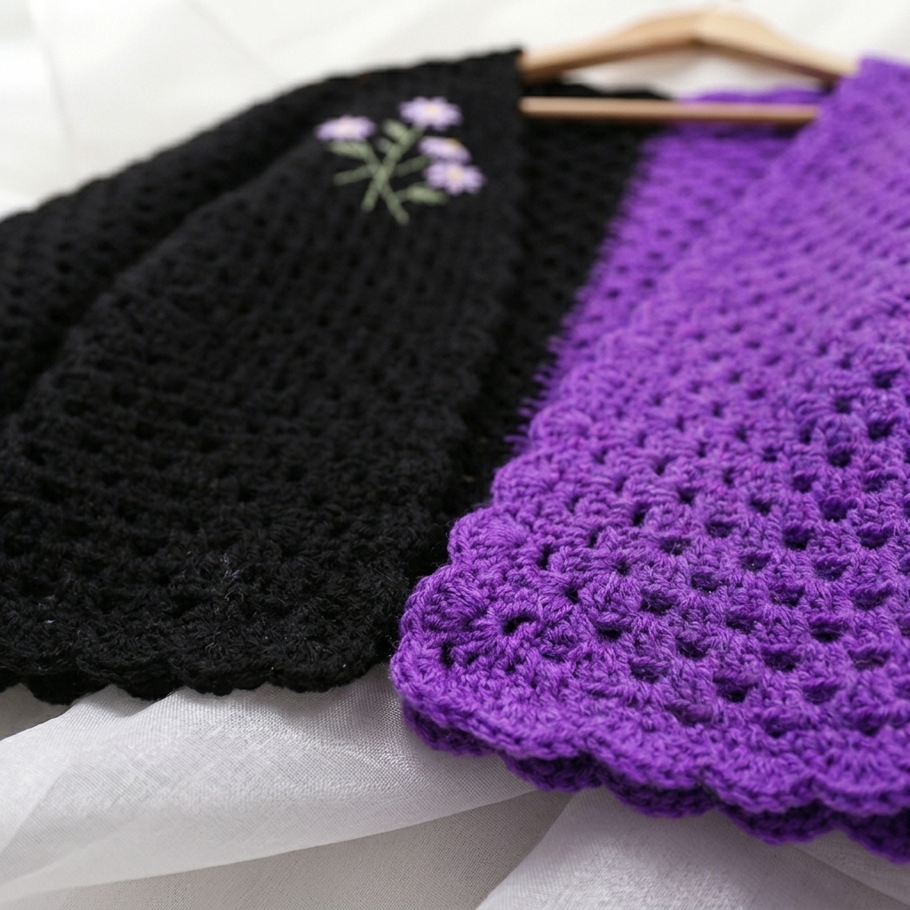 Close-up of the scalloped edges of the black and purple shrug
