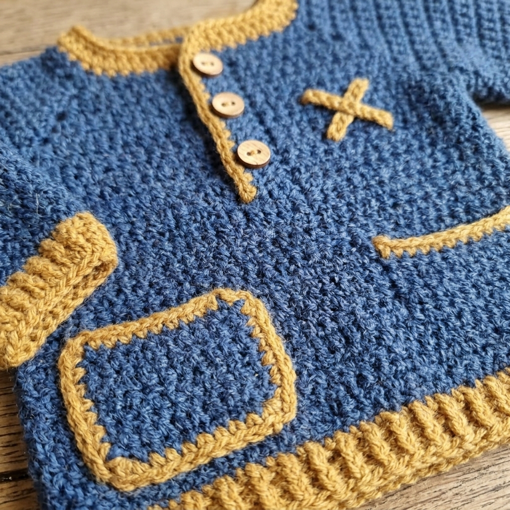 Blue crochet baby boy henley sweater with mustard trim and wooden buttons