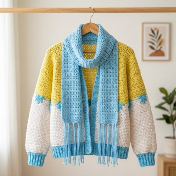 Sky blue and yellow crochet sweater with scarf on a wooden hanger