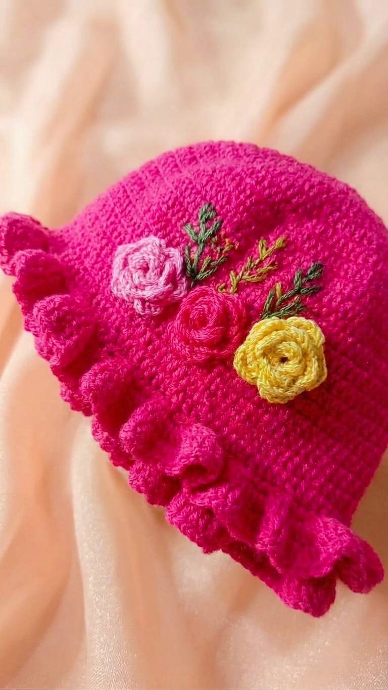 crochet dark pink baby cap