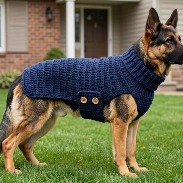German Shepherd wearing navy blue crochet dog sweater