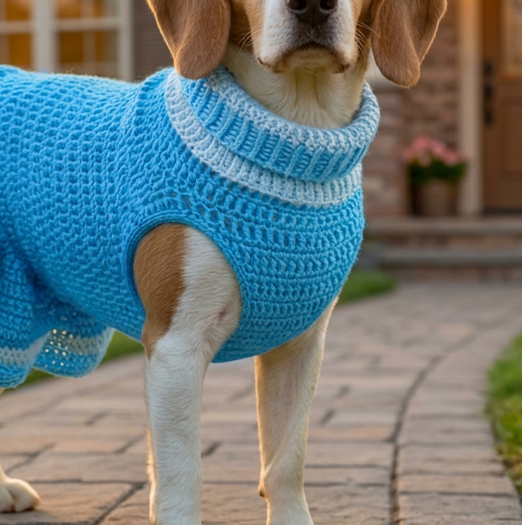 Close-up of sky blue crochet dog dress texture and white stripes