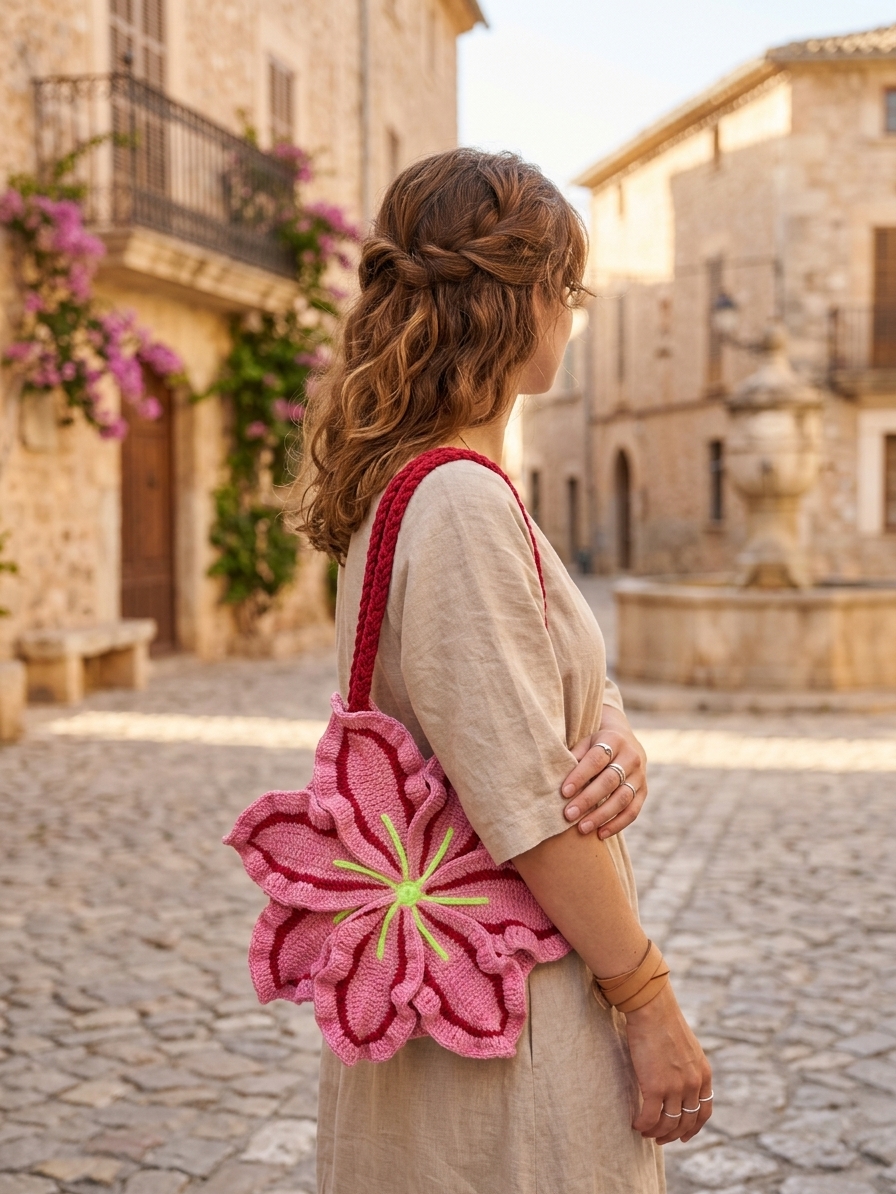 Woman carrying the pink lily flower crochet shoulder bag