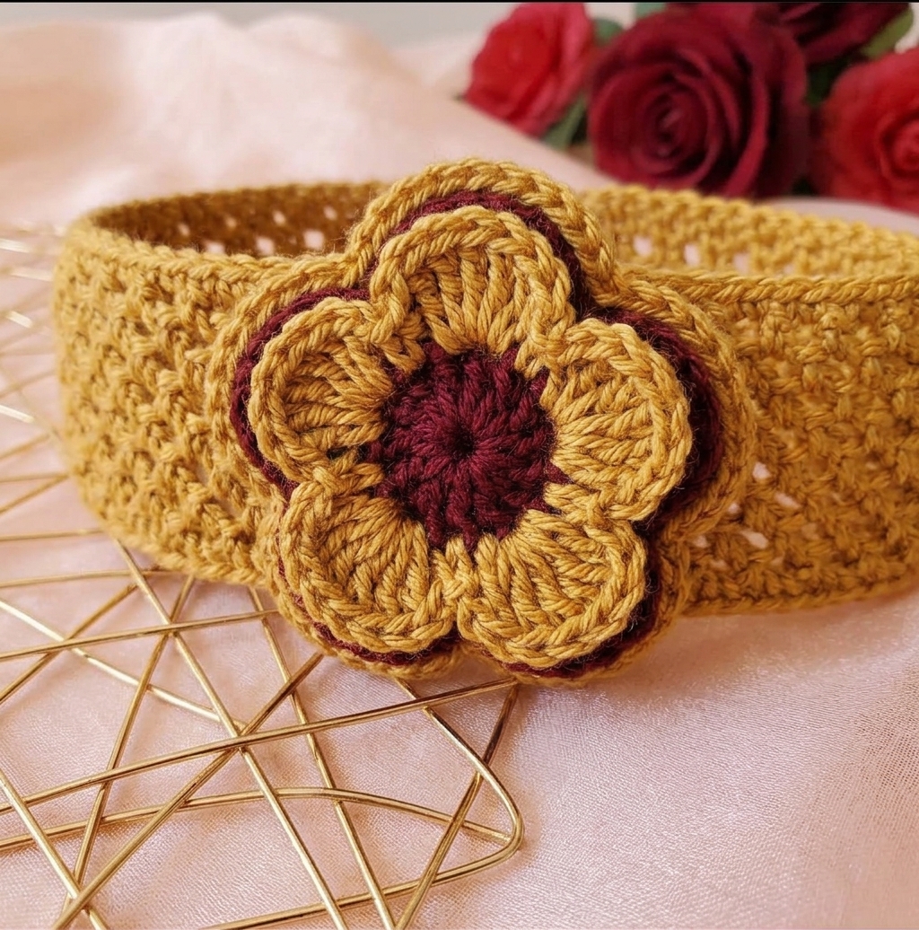 Mustard crochet baby headband with maroon flower