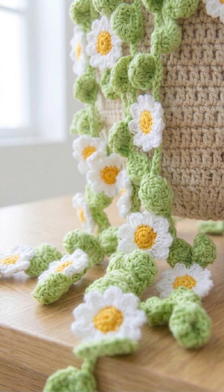 Beige crochet bucket bag with daisy flower vines