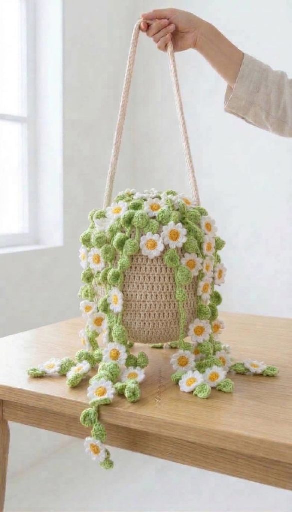 Crochet daisy vine bucket bag with trailing green leaves and white daisies
