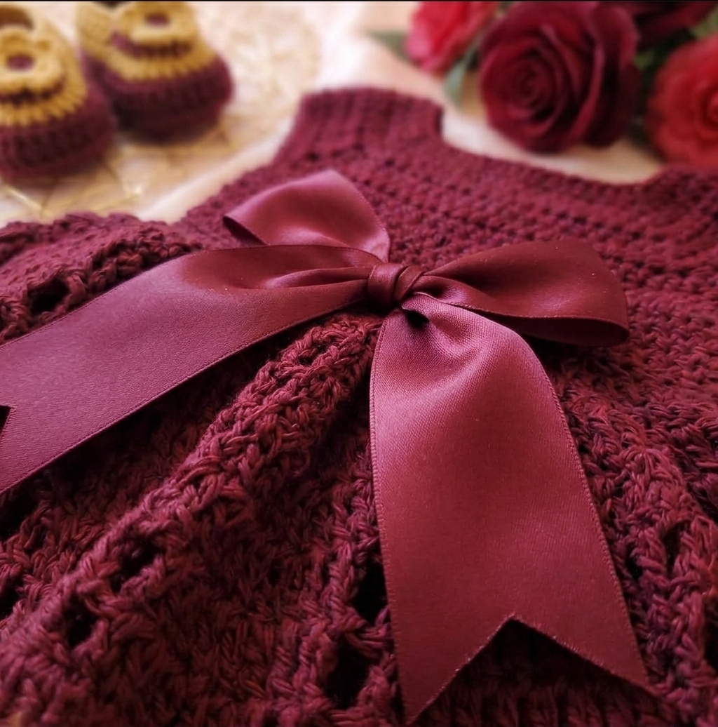 Close-up of maroon crochet baby dress with satin bow