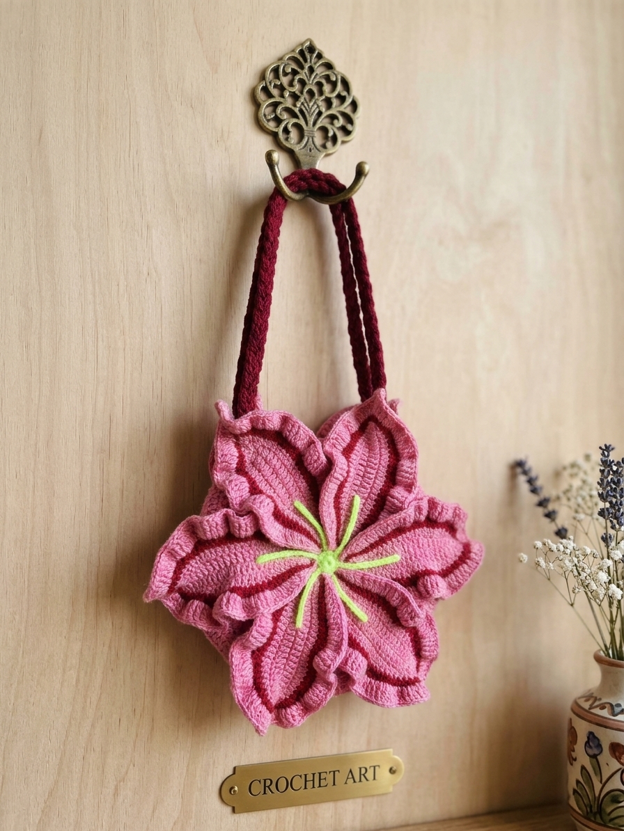 Pink lily flower crochet bag with maroon braided handles hanging on a hook