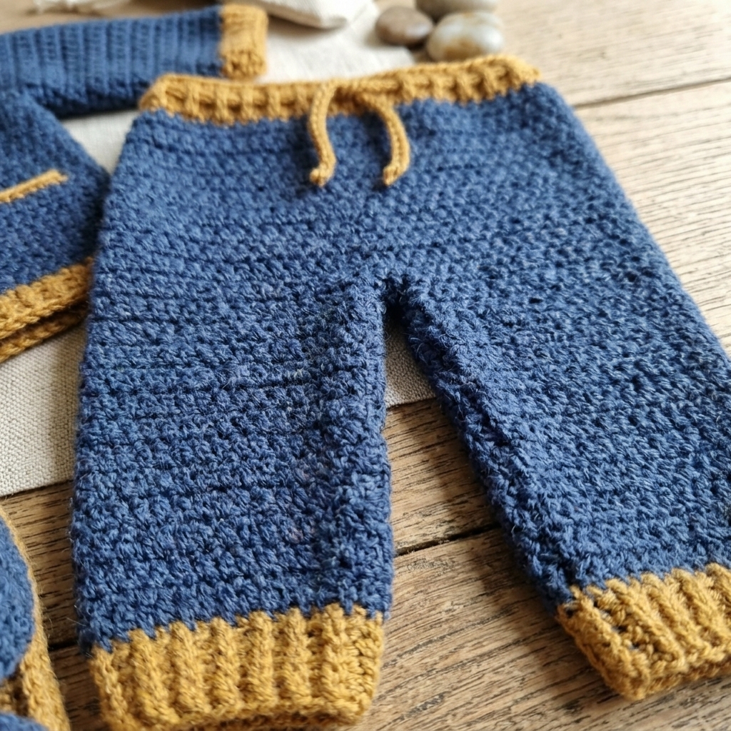 Blue crochet baby trousers with mustard drawstring waist and cuffs