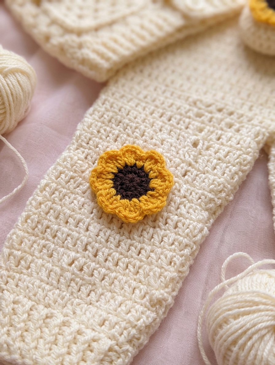 Cream crochet baby trousers with yellow sunflowers
