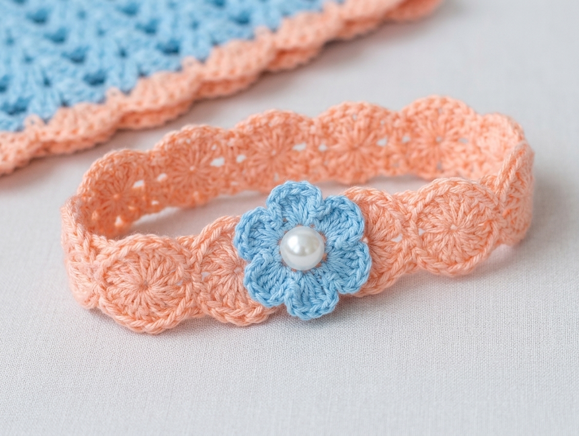 Peach crochet baby headband with sky blue flower and pearl