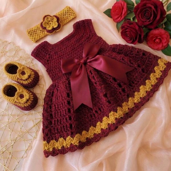 Maroon and mustard crochet baby girl dress set with satin bow, headband and booties