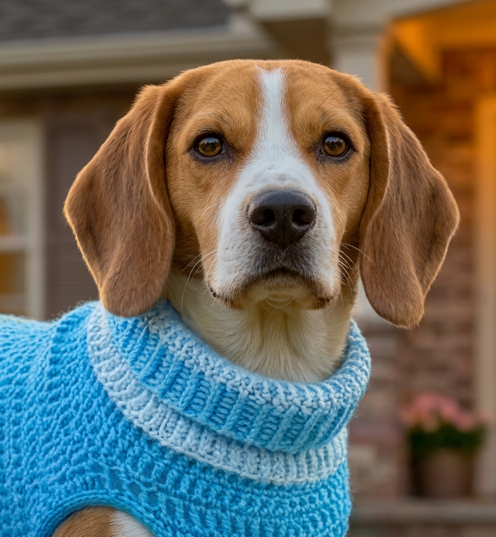 Dog wearing handmade sky blue crochet dress