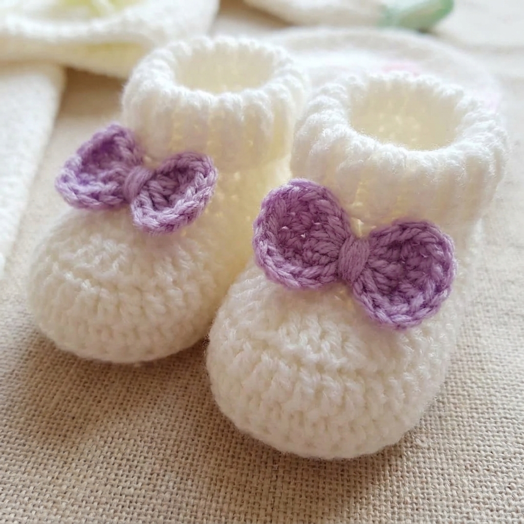 Off-white crochet baby booties with lilac bows