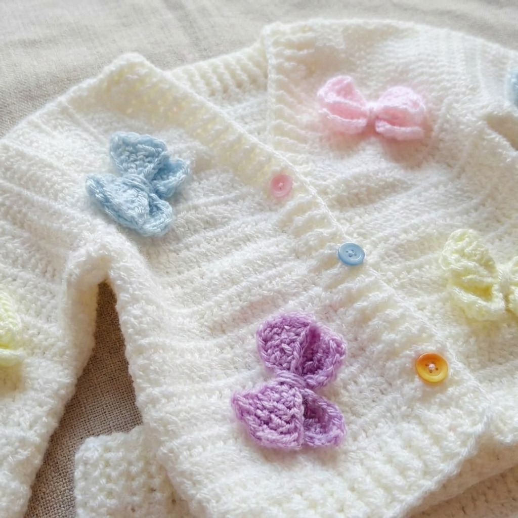 Off-white crochet baby cardigan with pastel bows and colourful buttons