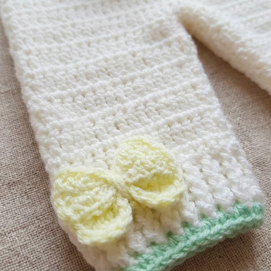 Off-white crochet baby trousers with lemon bows and mint trim