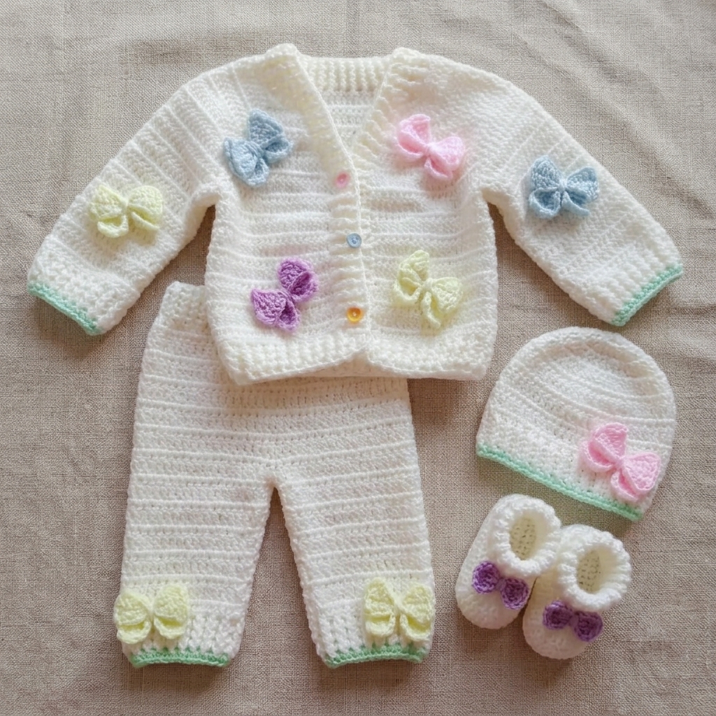 Off-white crochet baby set with pastel bows: cardigan, trousers, cap and booties