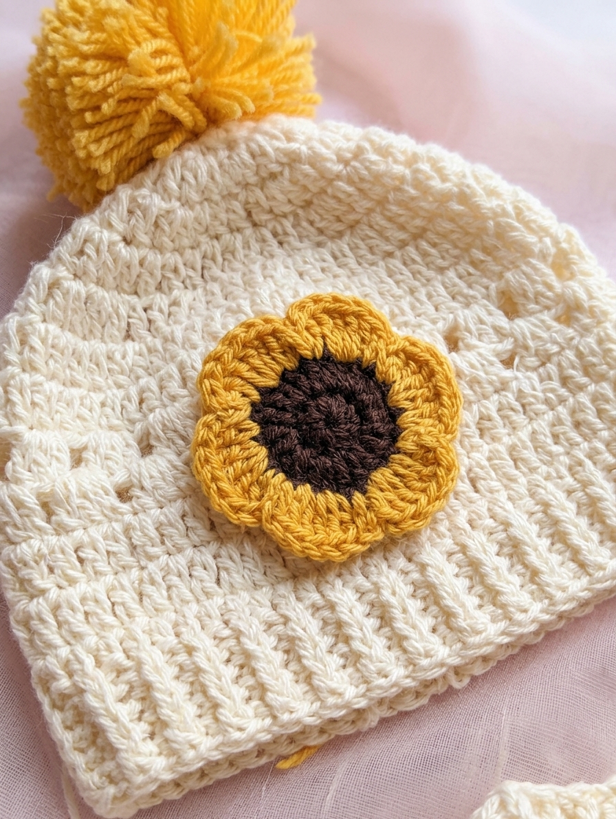 Cream crochet baby beanie with sunflower and mustard pom-pom
