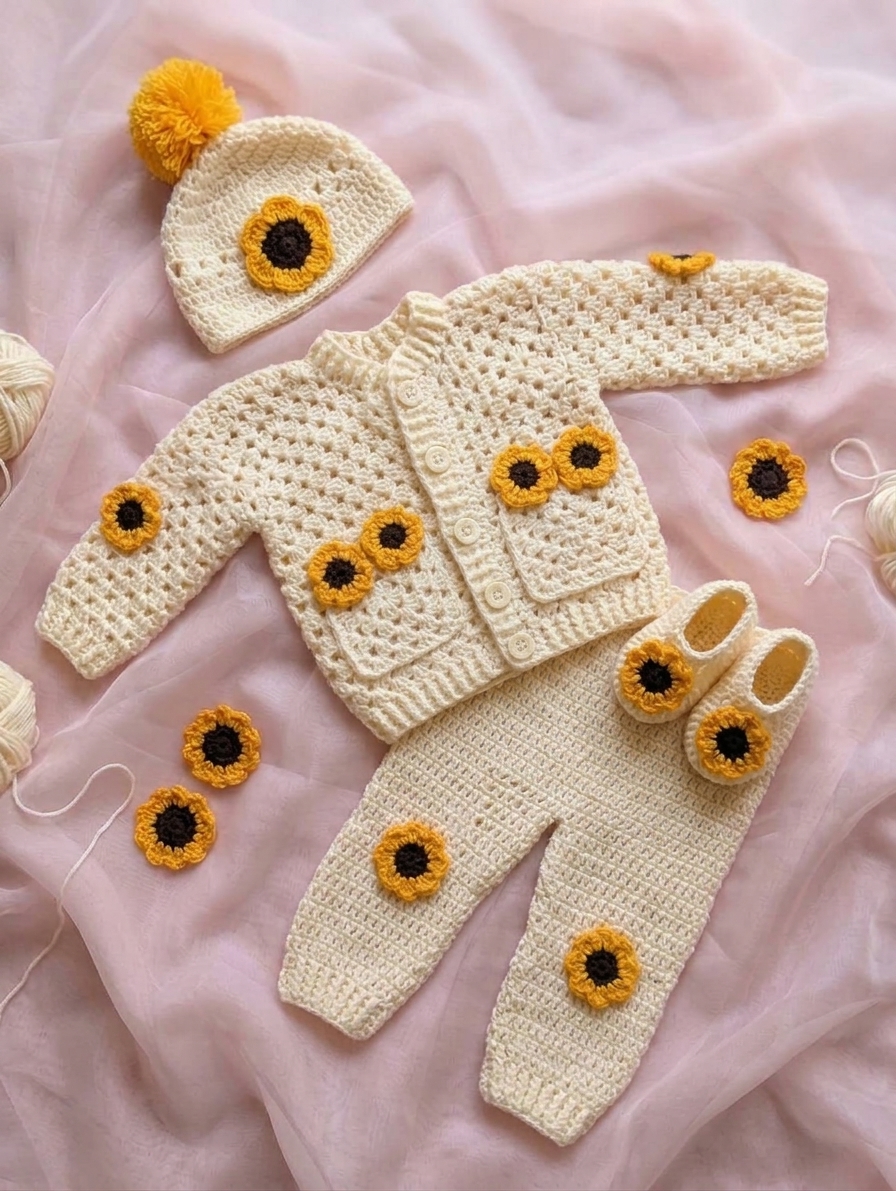 Cream crochet baby sunflower set: cardigan, trousers, pom-pom beanie and booties