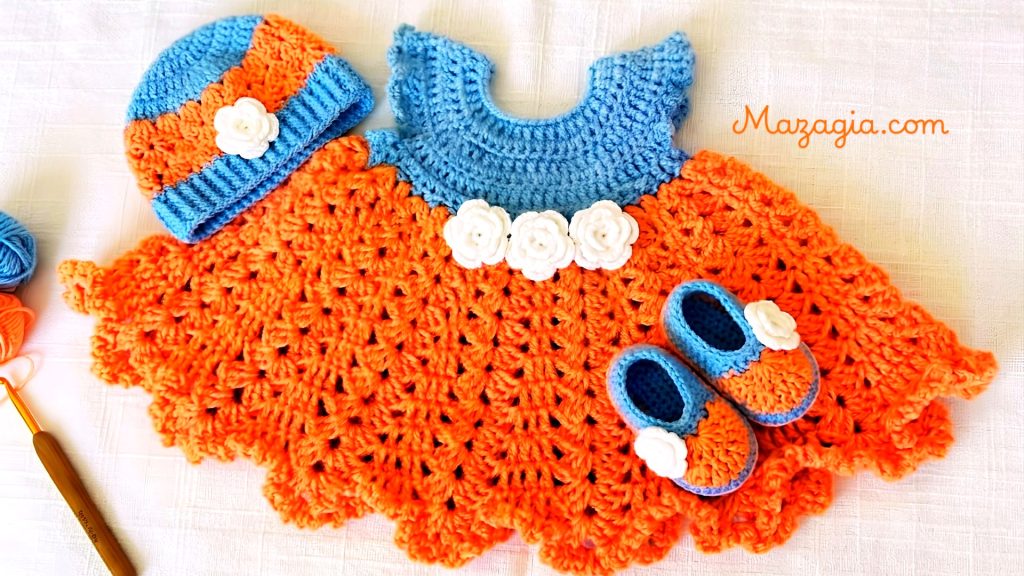 Orange and sky blue crochet baby dress set