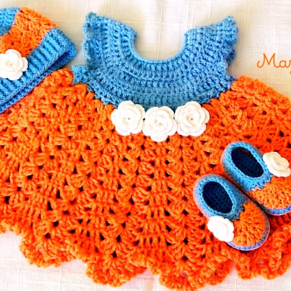 Orange and sky blue crochet baby dress with booties
