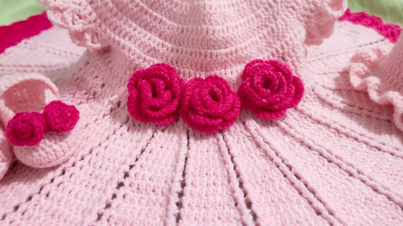 Pink & Red Crochet Twirl Dress with Bonnet & Booties - Image 2