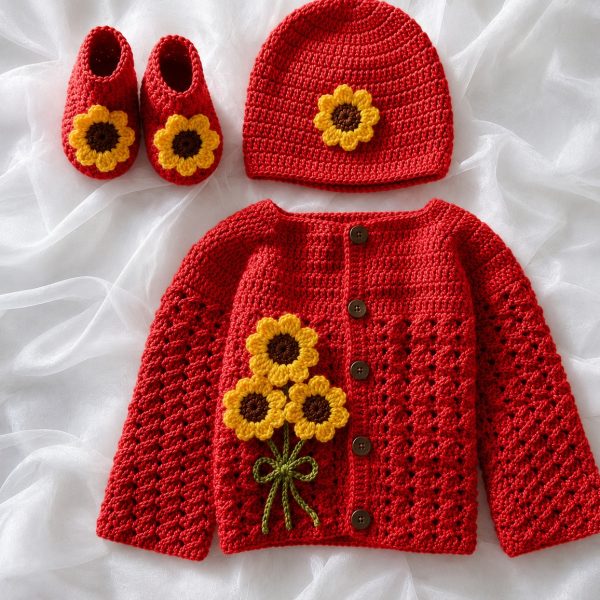 Red crochet baby cardigan with sunflowers, matching cap and booties