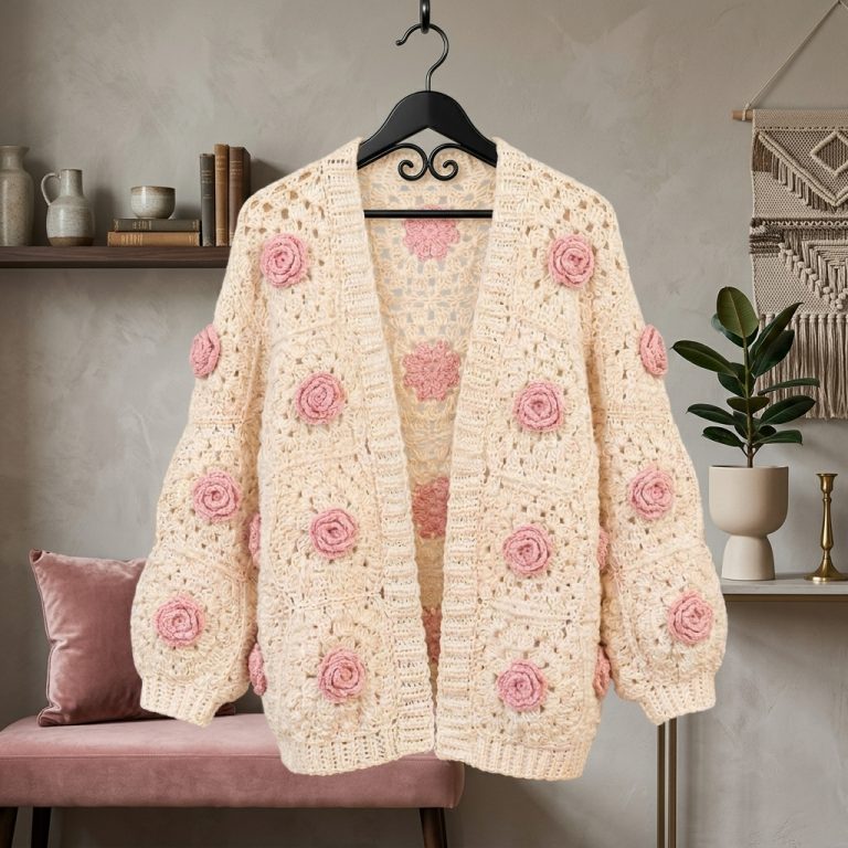 Cream crochet granny square cardigan with pink crochet roses on a hanger